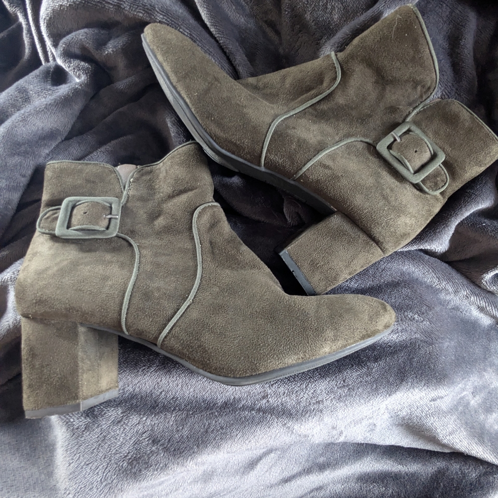 Suede Buckle Ankle Booties in Olive